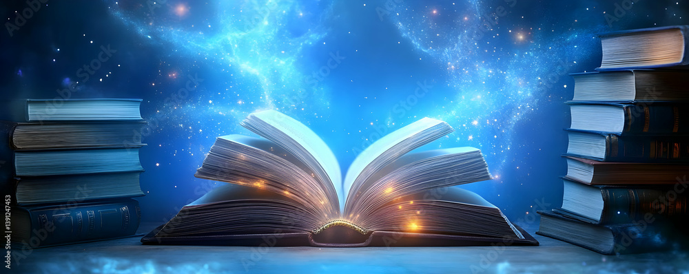 Poster an enchanting open book radiating light and magic, surrounded by stacked books, symbolizing knowledg