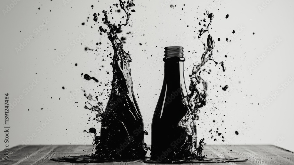 Poster dynamic splash of liquid from two bottles against a minimalist background.