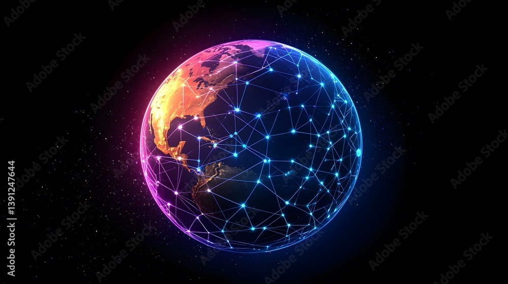 Aufkleber the image shows a digitally rendered globe enveloped in a network of glowing lines and nodes, set ag