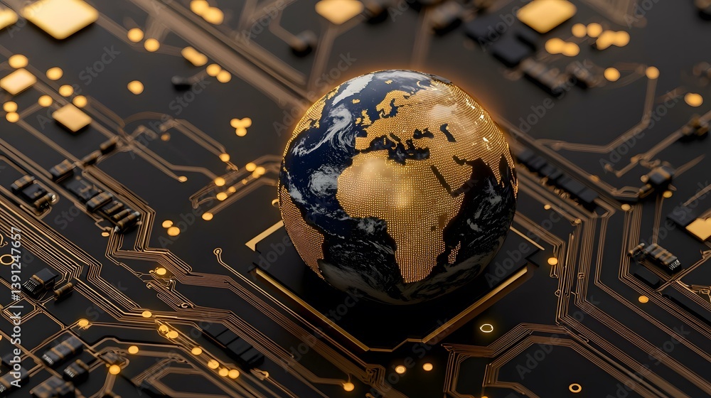 Poster the image shows a dark-colored globe with gold circuitry details resting on a black circuit board wi