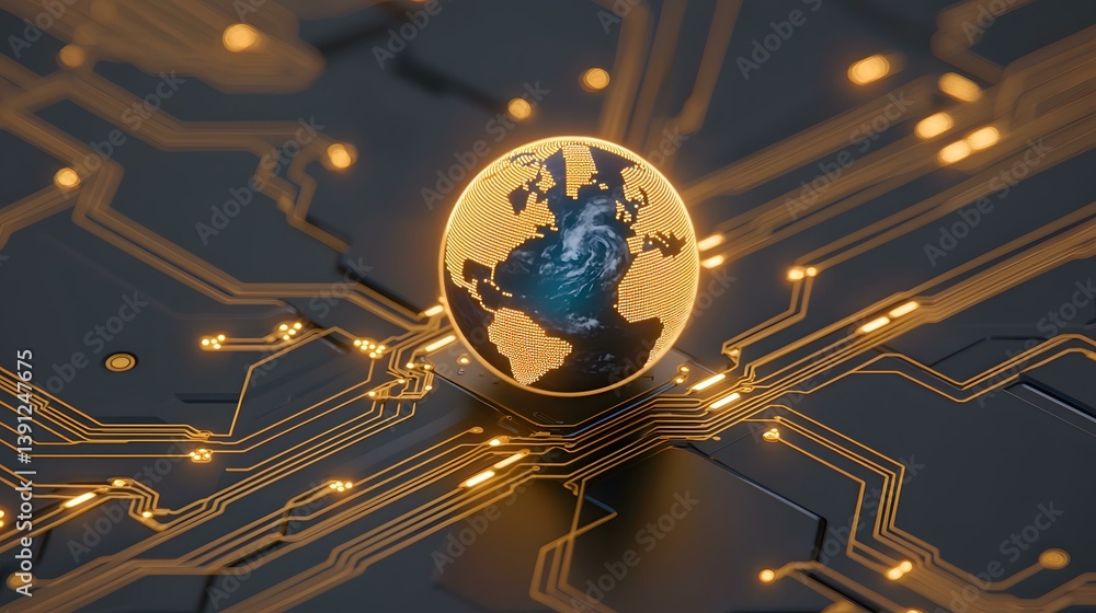 Poster a digital rendering of a glowing earth positioned on a dark circuit board, symbolizing global connec