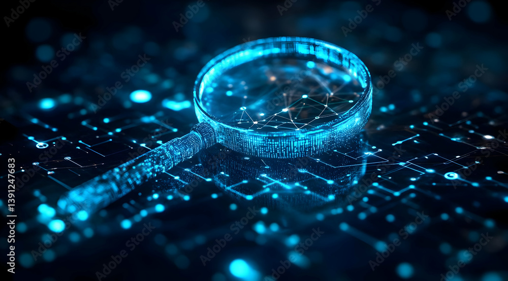 Poster futuristic magnifying glass hovering over a digital interface, symbolizing data analysis and technol