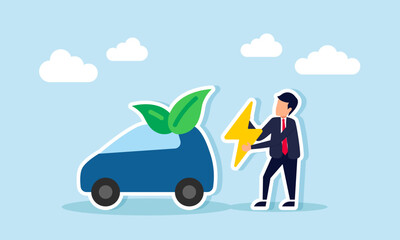 Obraz premium A businessman holding a lightning bolt sign beside a car with leaf ornaments, illustration of an entrepreneur in the electric car industry