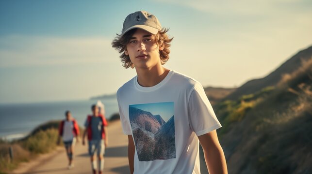 Young Man in Cap and T-shirt on Coastal Road, Representing Casual Style and Outdoor Lifestyle - Powered by Adobe