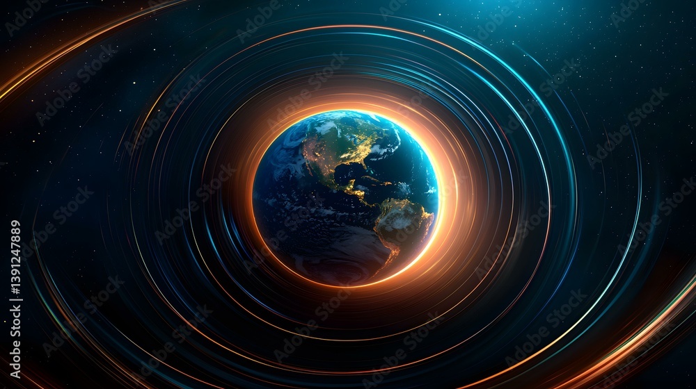 Aufkleber the image shows a detailed rendering of planet earth, centered and surrounded by concentric rings of