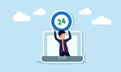A businessman emerging from a laptop holding a sign that reads twenty four, illustration of business ready twenty four hours for service