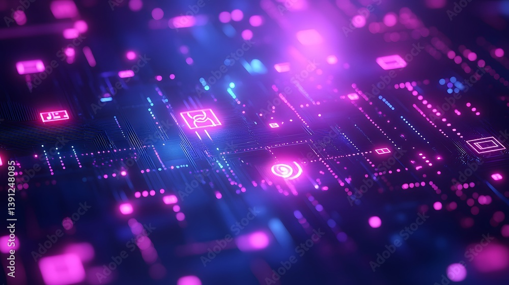 Poster illuminated and intricate electronic circuit board with vibrant color display
