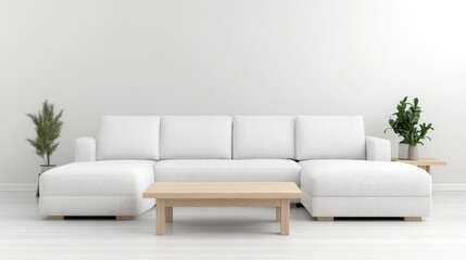 Fototapeta premium Sectional Sofa with Plants and Table Minimalist Modern Style High-Resolution Rendering Centered Full View Relaxing Atmosphere White Living Room Ideal for Interior Design
