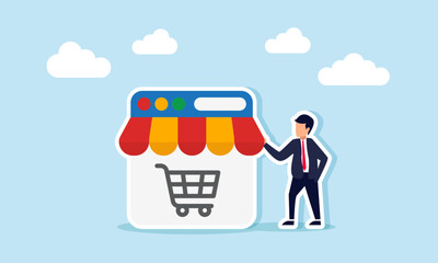 A businessman standing beside an app platform interface with a store canopy ornament and a shopping cart sign, illustration of marketplace business