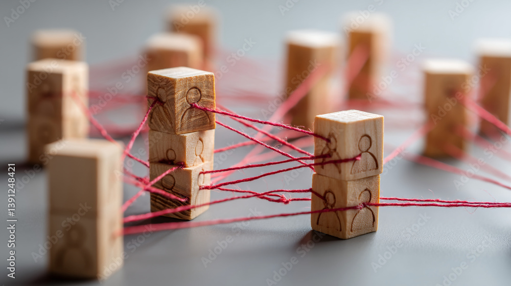 Poster wooden blocks with person icons connected by red string on a gray surface in a network concept