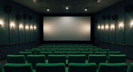 Empty cinema auditorium with line of green chairs and silver screen. Ready for adding your own picture.