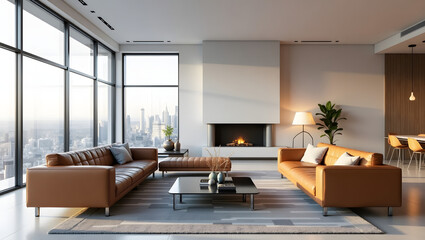 Fototapeta premium Modern Living Room Interior with City View and Cozy Fireplace