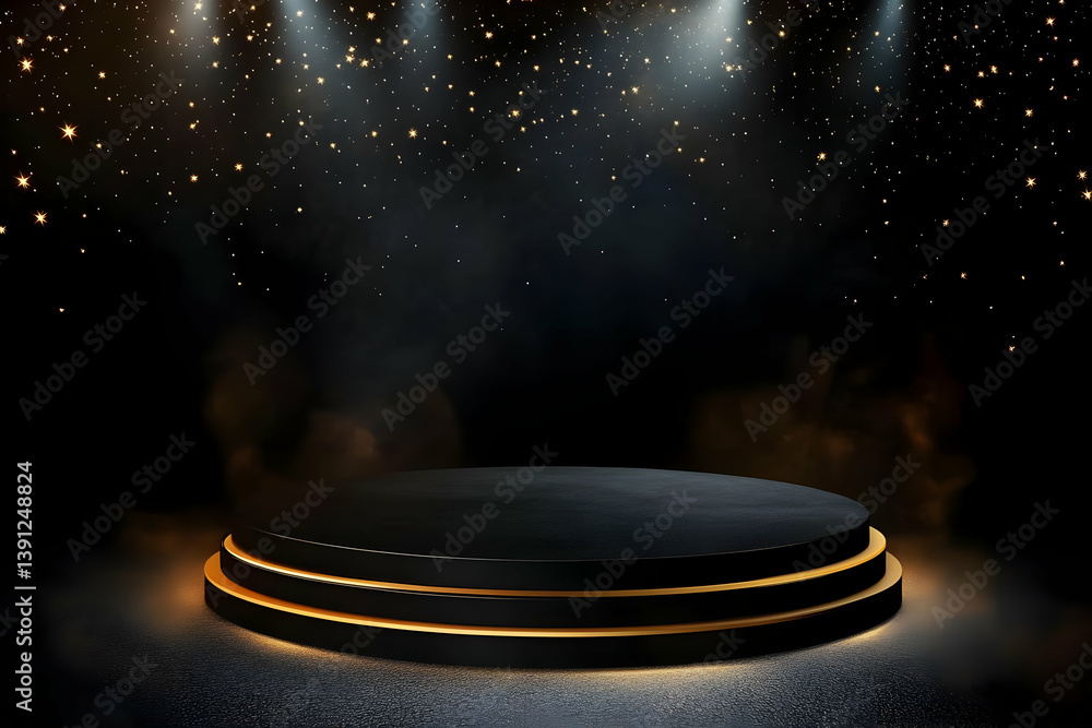 Poster a dramatic stage setup featuring an illuminated platform surrounded by shimmering stars and dynamic 