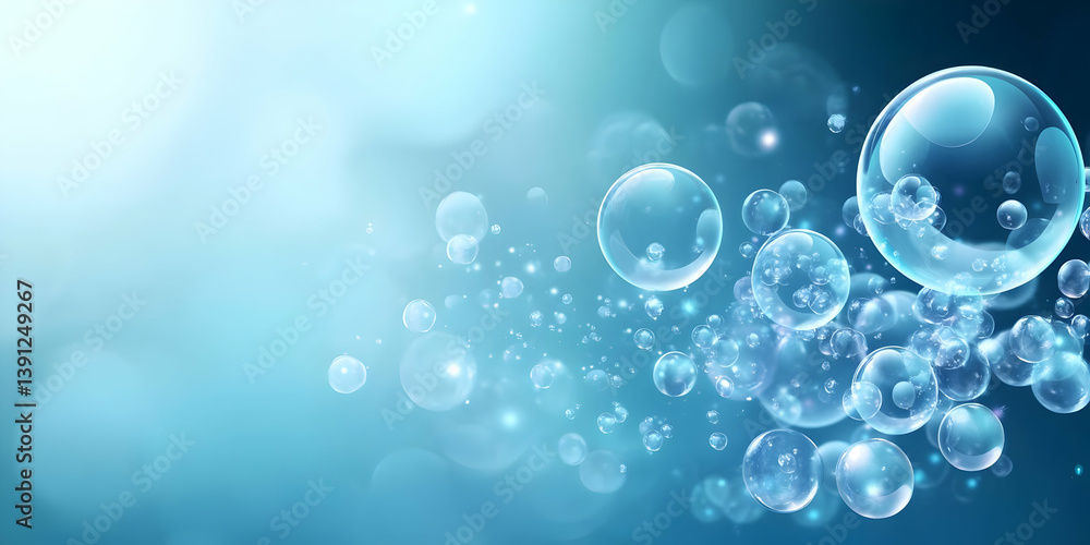 Poster a vibrant underwater scene featuring floating bubbles, creating a tranquil and refreshing atmosphere