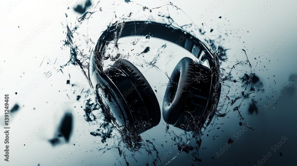 Poster explosive design featuring headphones amidst dynamic sound waves and particles.