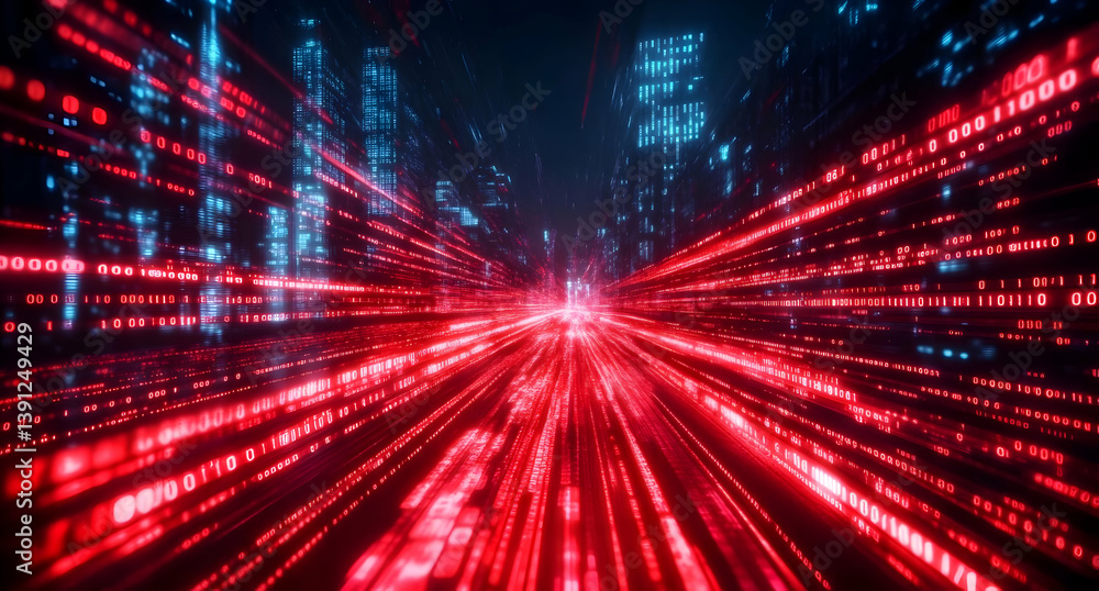 Poster a vibrant display of red light beams representing data flow in a futuristic digital landscape.