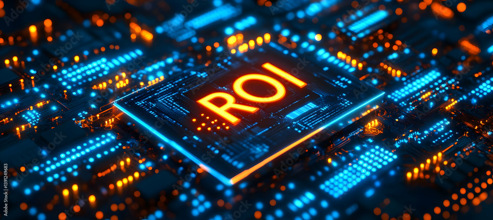 Poster high-tech circuit board featuring illuminated elements and symbolizing return on investment in digit
