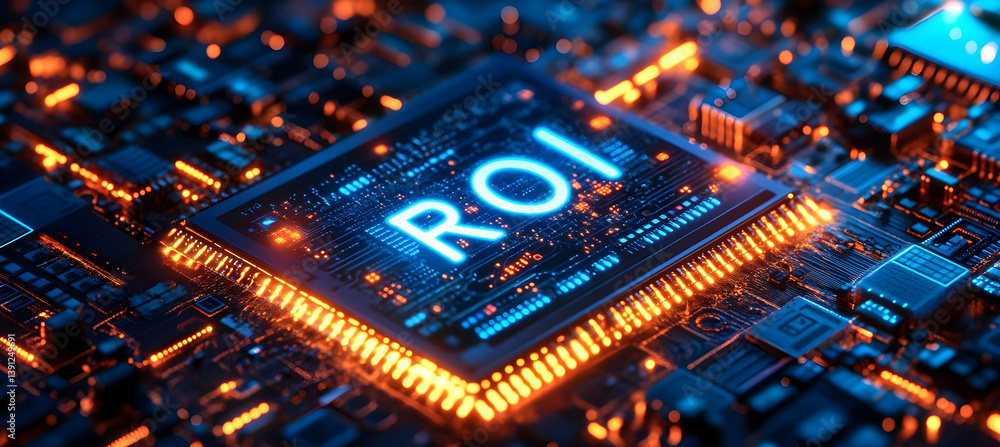 Poster close-up view of a microchip displaying roi, showcasing modern technology and innovations in electro