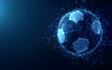 Fototapeta premium A digitally created soccer ball made of glowing polygons and particles, symbolizing innovation in sports technology.