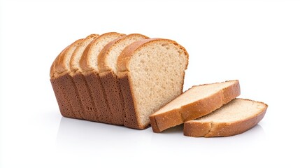 A loaf of freshly baked wheat bread is sliced and presented on a white background showing its texture and golden crust.