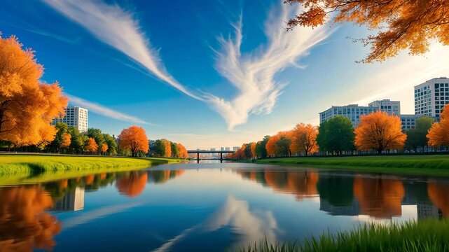 Autumn at the Uzh River: Effects of drought and climate change. Bright skies, trees lining the bank, and clouds mirrored in the shallow waters of an urban setting.