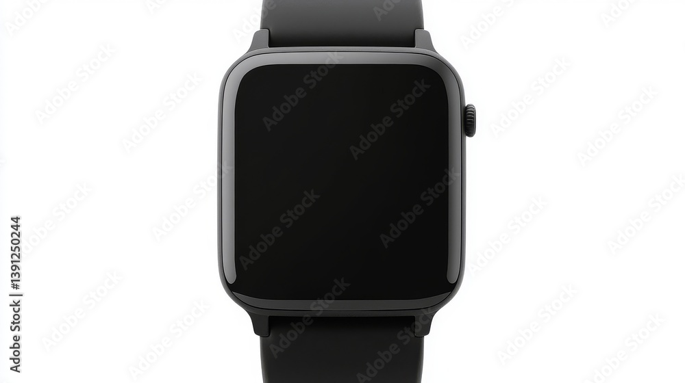 Poster a sleek black smartwatch with a minimalist design, featuring a square face and a smooth strap, ideal