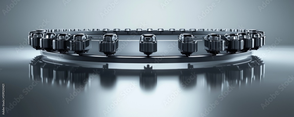 Poster high-tech industrial component with precision parts on a reflective surface.