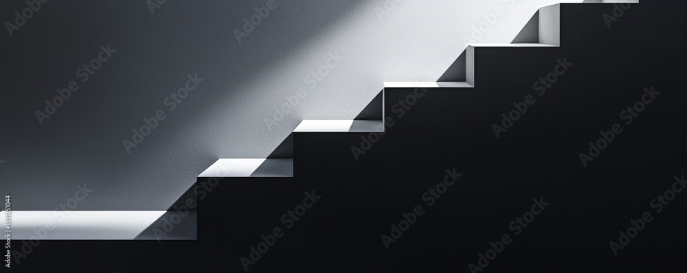 Poster minimalist staircase design illuminated by a soft light creates an abstract shadow play.