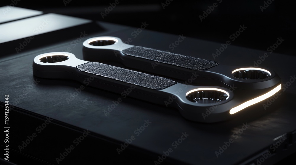 Poster modern sleek design of advanced tools illuminated on a dark surface.