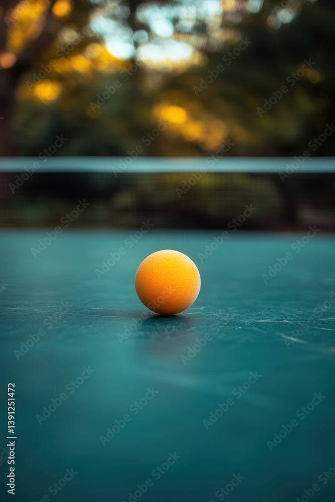 Poster vibrant orange ping pong ball resting on a teal table with a blurred background creating a playful a
