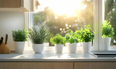 Fototapeta premium Bright kitchen scene featuring various potted plants, capturing a warm, sunny moment and the beauty of indoor gardening.