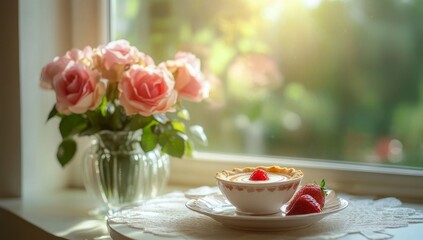 Delicate breakfast scene by the window.  A beautiful bouquet of pink roses sits beside a small dessert cup filled with a sweet treat and fresh strawberries.