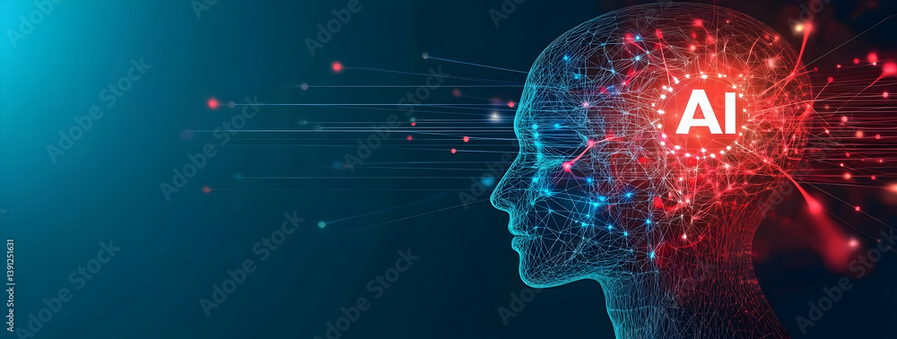 Poster illustration of artificial intelligence concepts with a digital brain and data connections represent