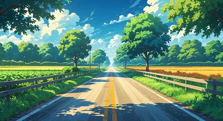 A well maintained farm road with fields on both sides anime cartoon style illustration artwork design background
