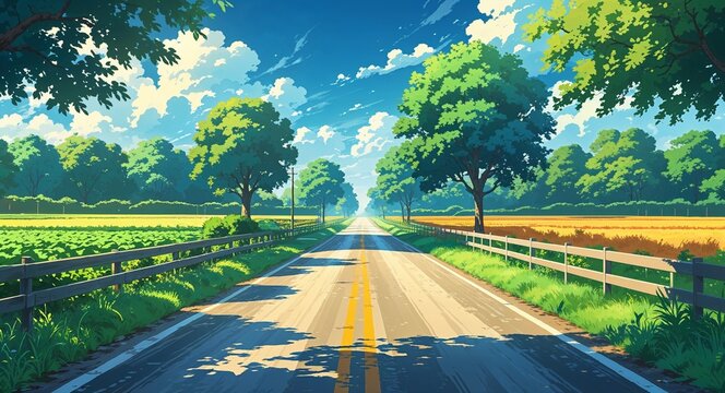 A well maintained farm road with fields on both sides anime cartoon style illustration artwork design background