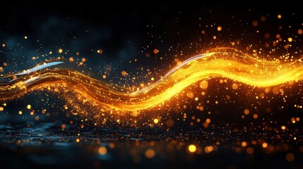 Fototapeta premium Abstract golden light wave on dark background with bokeh effect for energy technology concept and futuristic design with dynamic glowing particles
