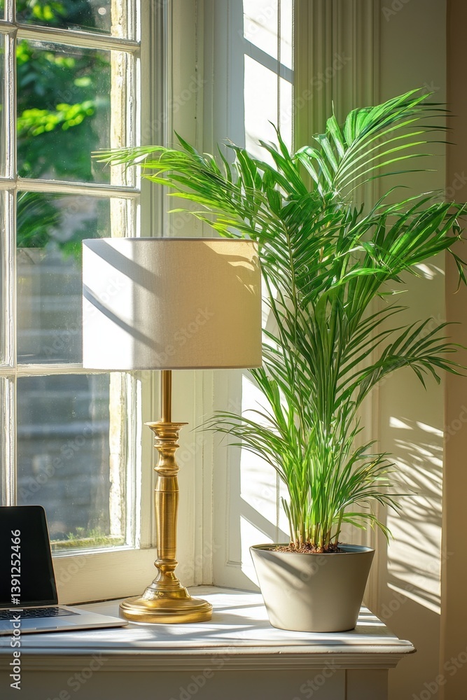 Poster serene indoor scene with a lamp and a palm tree by the window casting shadows creating a calm and pe