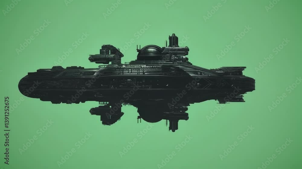 Poster futuristic spaceship with intricate details and a large central dome is displayed against a solid gr