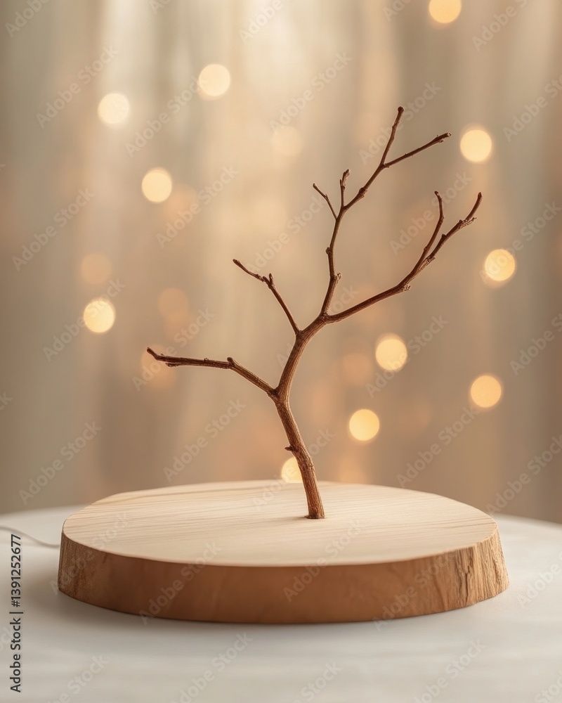 Poster minimalist tree branch on wooden slice with bokeh lights background for serene nature inspired still
