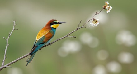 Fototapeta premium Colorful bird perches gracefully on branch as soft flowers bloom in the blurred background