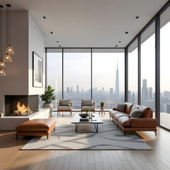 Fototapeta premium Modern Living Room Interior with City View and Cozy Fireplace