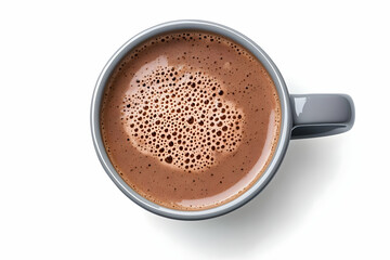 A close-up view of a steaming cup of rich hot chocolate, featuring a creamy, frothy texture and inviting appearance.