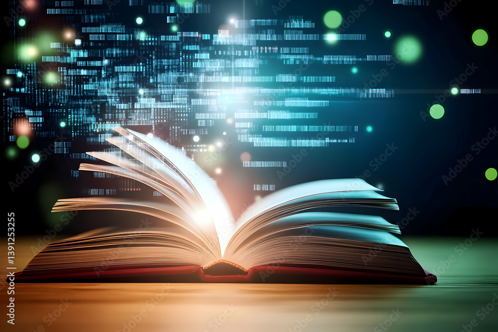 Poster an open book emits glowing digital data, symbolizing knowledge and technology merging for an innovat