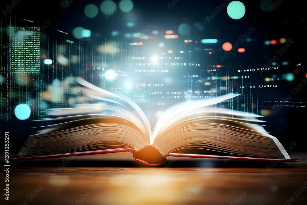 Poster an open book glowing with light, symbolizing knowledge and enlightenment amidst a backdrop of digita