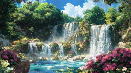 Lush waterfall cascading into a serene pool, surrounded by vibrant flowers and lush greenery under a bright sunny sky.