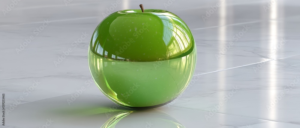 Poster a glossy, green apple inside a transparent sphere, reflecting light and casting shadows on a smooth 
