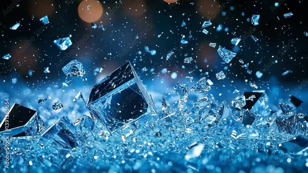 Poster shimmering ice cubes create refreshing splash vibrant blue pool of water, filled with sparkling drop
