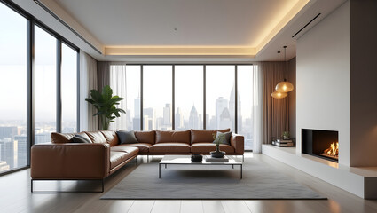 Fototapeta premium Modern Living Room Interior with City View and Cozy Fireplace
