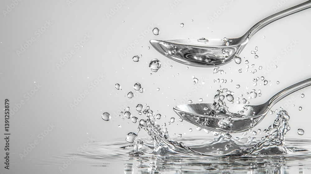 Poster two silver spoons splashing in clear water, creating dynamic bubbles and ripples.