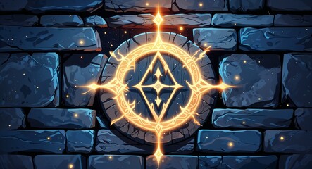 Ancient magical symbols carved into a stone wall with glowing energy emanating from them anime cartoon style illustration artwork design background